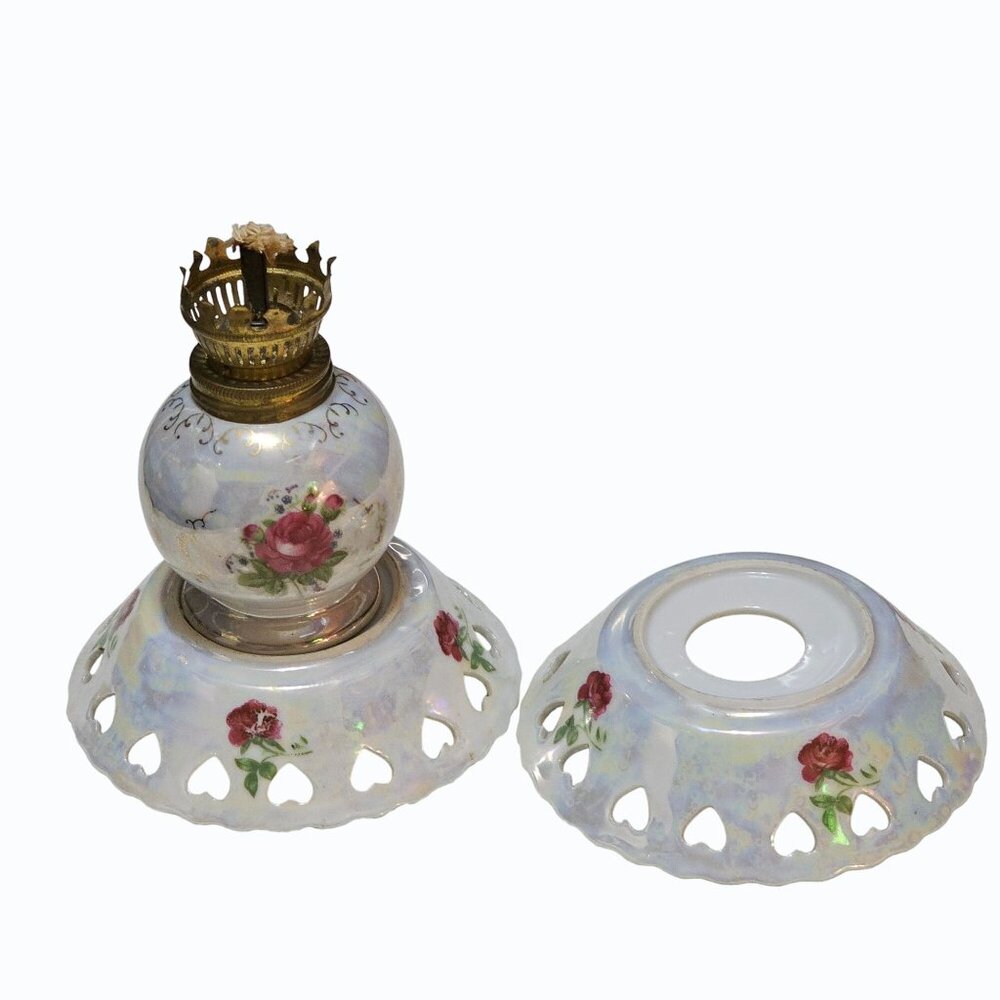 Vtg Lot  Japan Mini 4" Porcelain Kerosene Oil Lamp Roses Base Plus 2 Bobeches - Picture 3 of 11